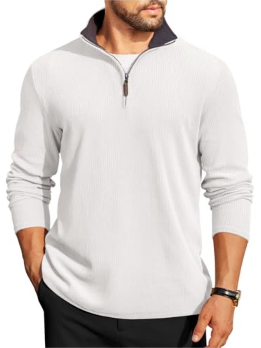 Mens Quarter Zip Pullover Corduroy Sweatshirt Contrast Collar Mock Neck